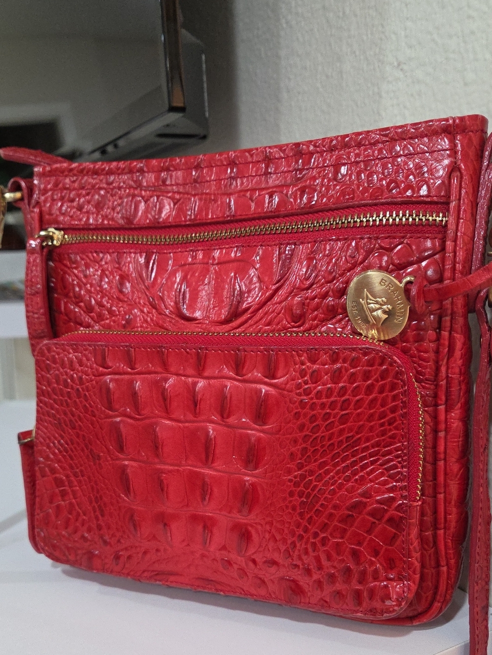 Brahmin Red Croc-Embossed Crossbody with Gold Hardware